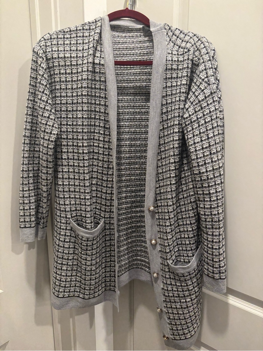 Talbots Gray and Black Checkered Marino Wool Cardigan with Pearl Buttons size L